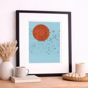 Vintage Boho Flock of Birds Over Rising Sun Art Print with Frame